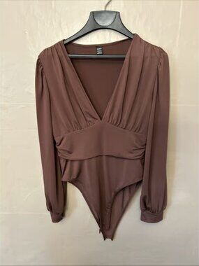 SHEIN XL Basic Brown Deep Plunge V Neck Bodysuit Top